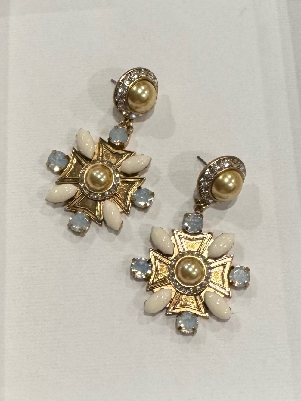 Tory Burch Gold-Tone Pearl & Cream Drop Cross Earrings with Light Blue Accents